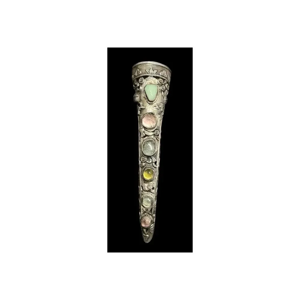 Antique Sterling Silver Chinese Ornate Fingernail Brooch with Gemstones